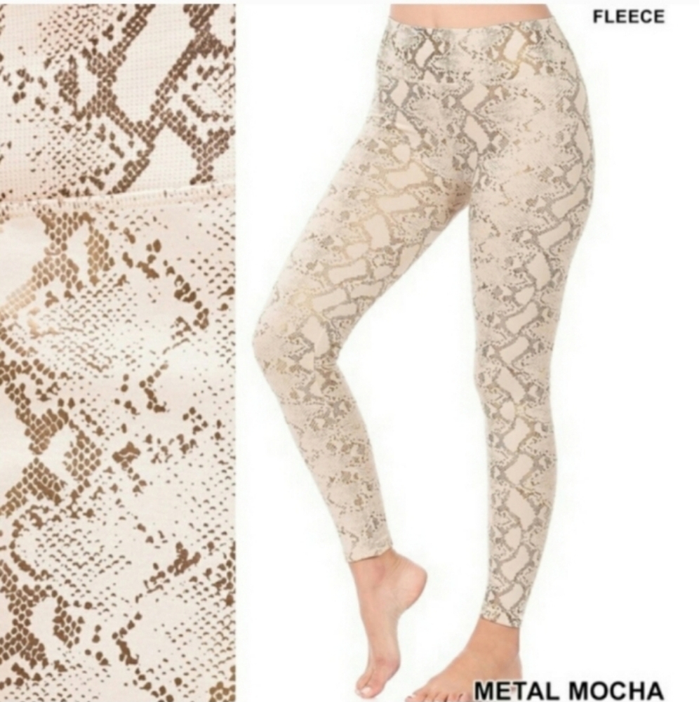 Zenana Outfitters Fleece Lined Leggings Snakeskin Print Metal Mocha